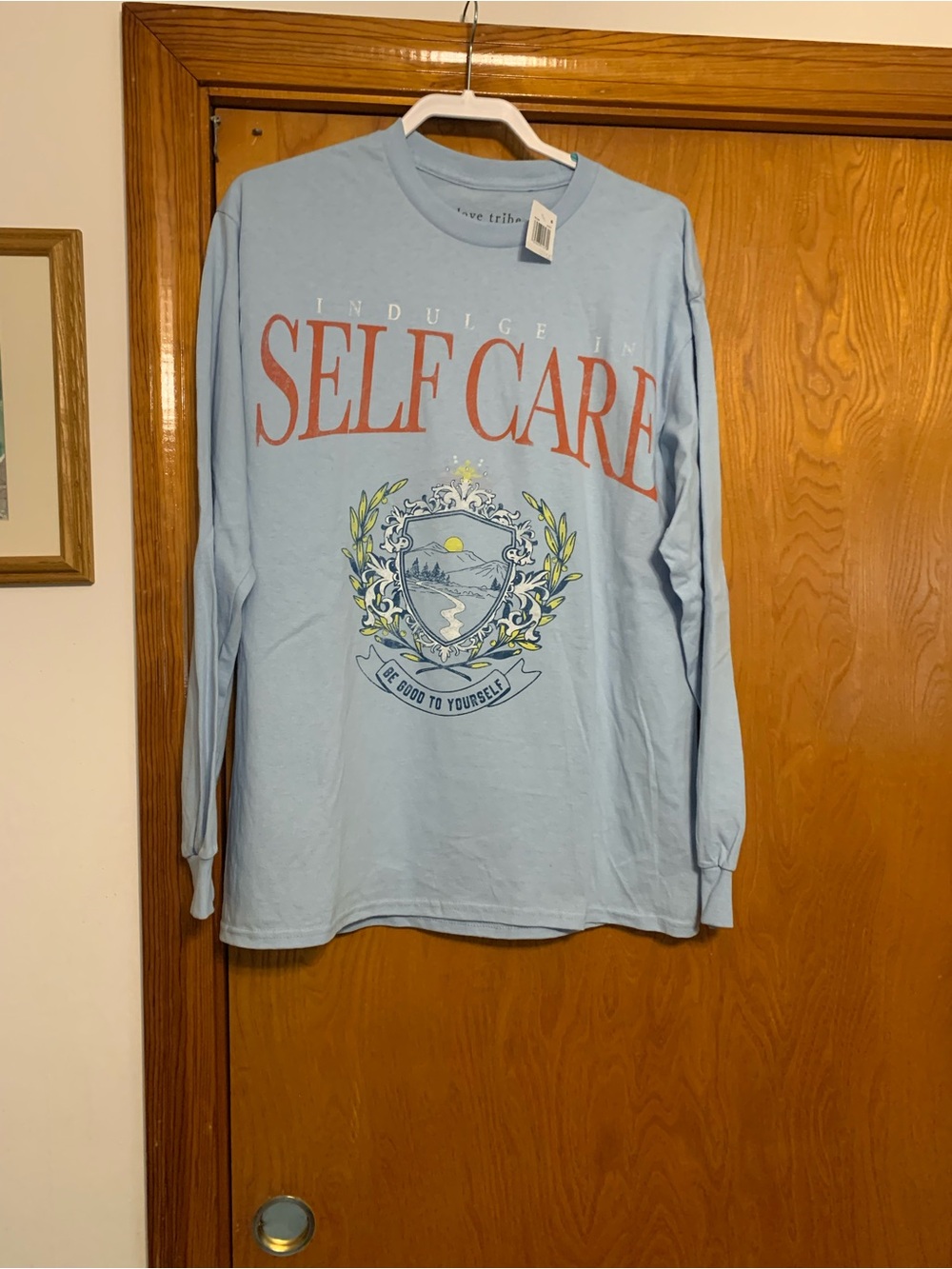 Self Care Long-Sleeve Graphic Tee - Light Blue 1x